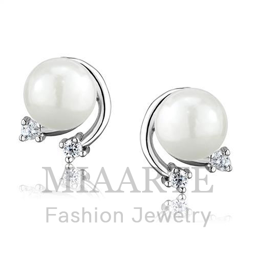 Earrings,Brass,Rhodium,Synthetic,White,Pearl,Round