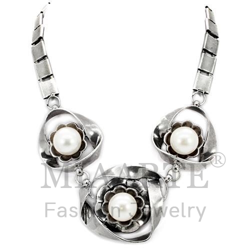 Necklace,White Metal,Antique Silver,Synthetic,White,Pearl