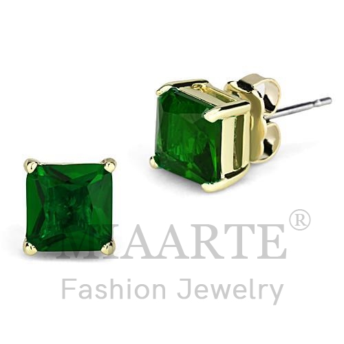 Earrings,Brass,Gold,Synthetic,Emerald,Synthetic Glass,Square