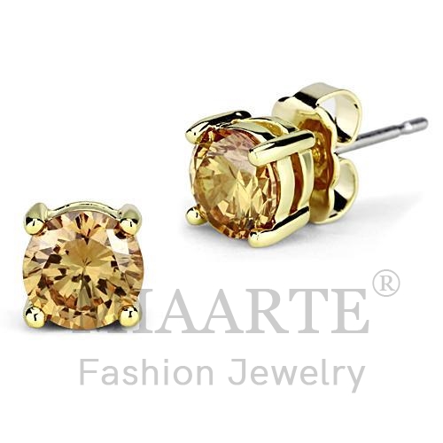 Earrings,Brass,Gold,AAA Grade CZ,Champagne,Round