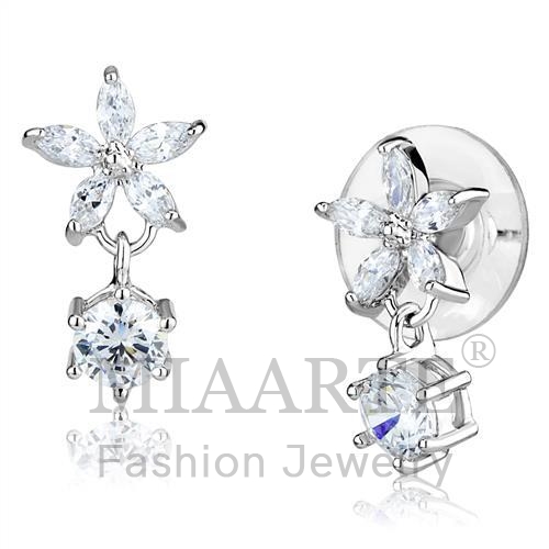 Earrings,Brass,Rhodium,AAA Grade CZ,Clear,Round